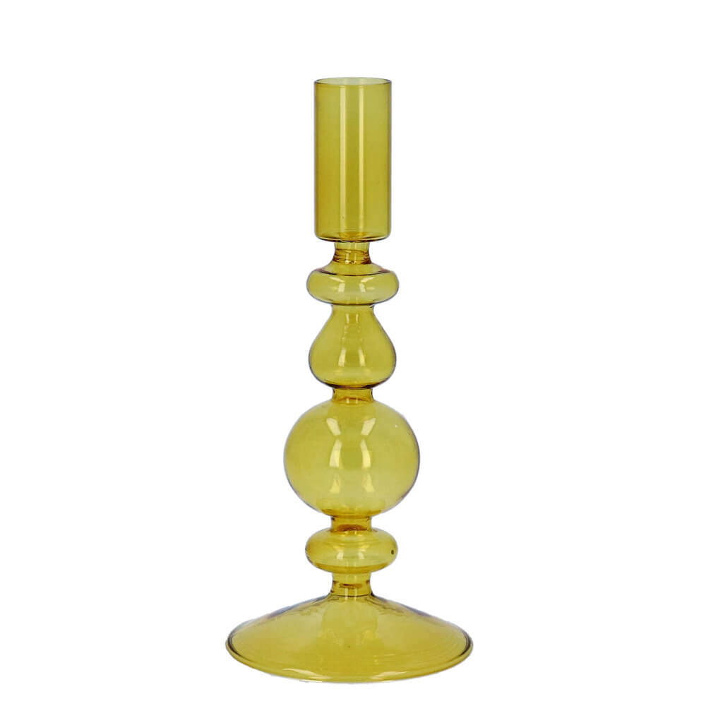 Gisela Graham Glass Candle Holder Clear Yellow Piped Taper